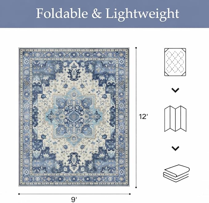 GENIMO Outdoor & Indoor Area Rug 9'x12', Waterproof, Non-Shedding, Easy Cleaning, Boho Mat for Patio, Living Room, Balcony, Dining Room, RV, Deck, Bedroom, Camping, Outside Carpet,Center Blue