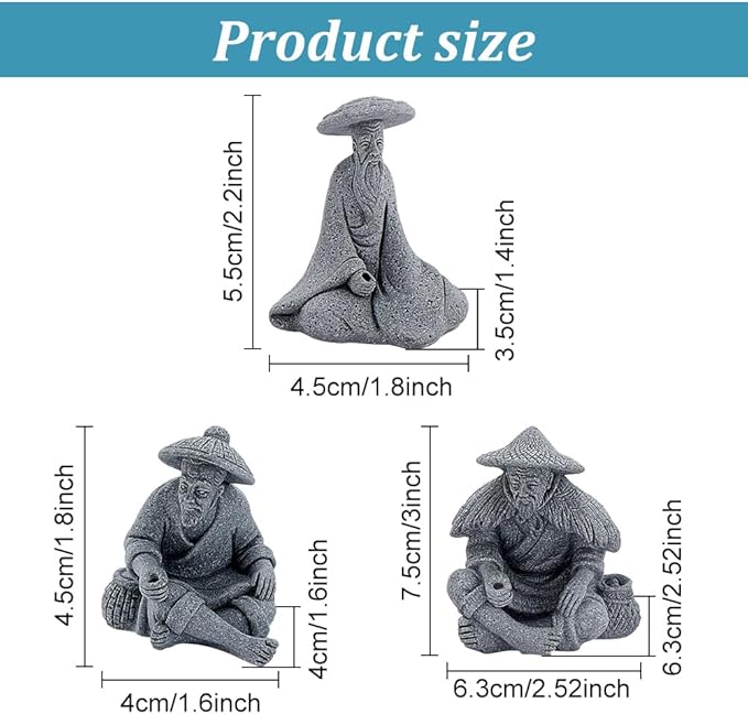 WEBEEDY 3 Styles Mini Fisherman Figurine Old Man Statues Zen Decoration,Chinese Sitting Fishing Sandstone Vintage Ornament for Aquarium Fish Tank Fairy Zen Garden Micro Landscape Flower Pot Decor