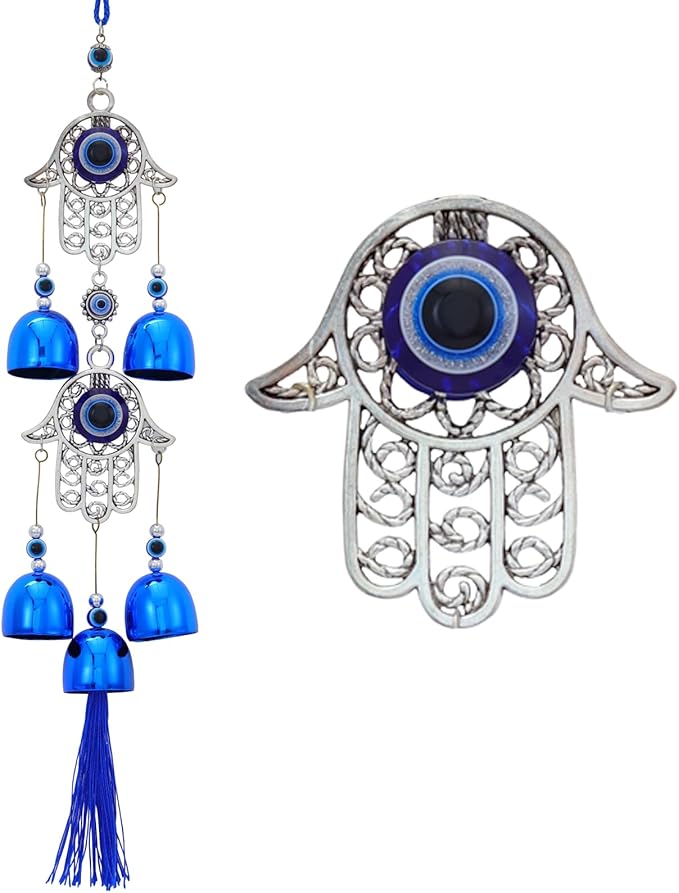 BWINKA Blue Evil Eye Hanging Decoration Ornament Metal Wind Chimes for Home Garden Gift Decoration (Eye-Double)