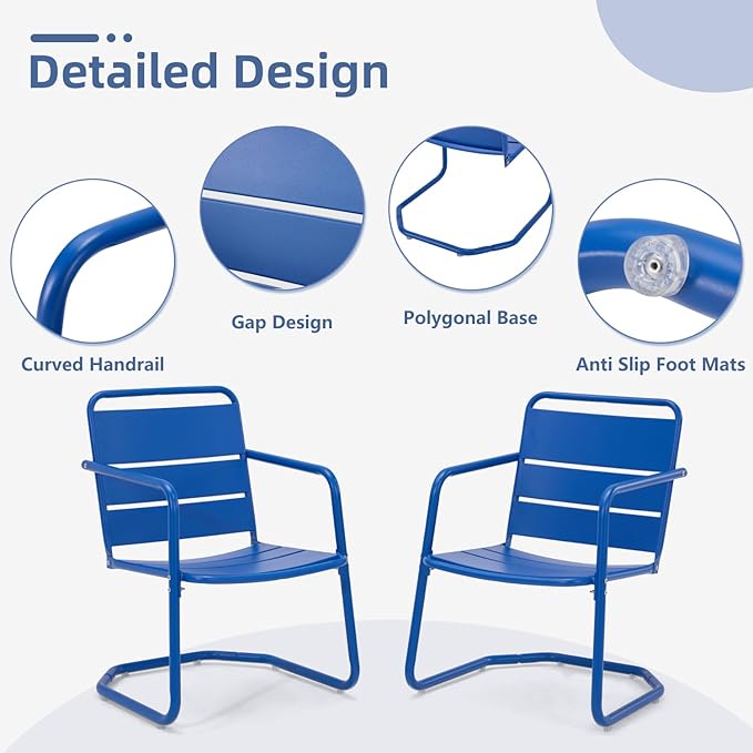 MELLCOM Patio Chairs Set of 2, Small Patio Furniture Set - 2 C-Spring Metal Chairs, Outdoor Bistro Set for Balcony, Front Porch, Poolside, Garden, Deck, Indoor, Blue