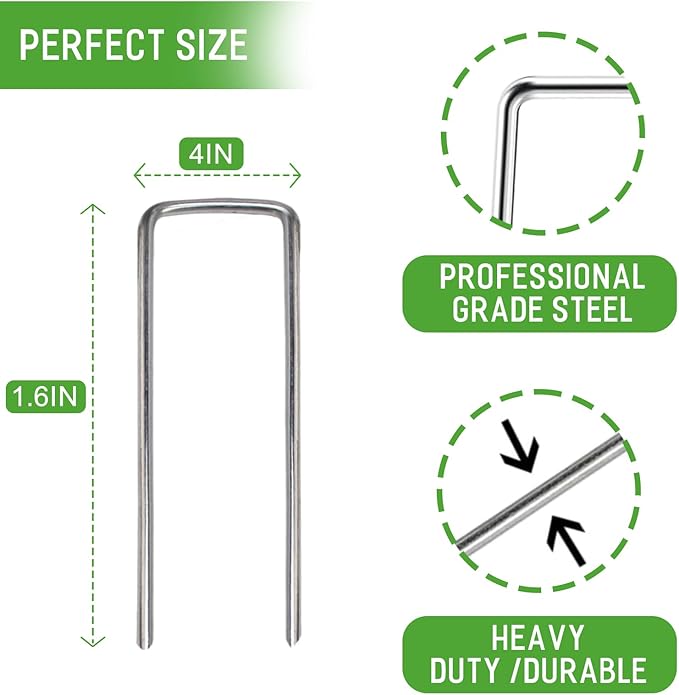 Landscape Staples Galvanized Garden Stakes,4 inch 50 Pack 12 Gauge Heavy Duty Garden Pins for Fences, Lawns, Weed Barriers and Landscape Fabrics, Irrigation Hose,Yard Lawn, Landscape Fabric.