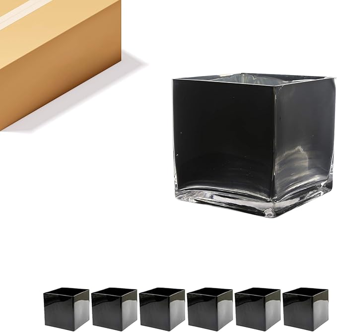 WGV Cube Glass Vase Bulk, Candle Holder, 6"x6"x6", Black Elegant Floral Accent Container Planter Terrarium Storage for Wedding Party Ceremony Event Office Home Decor, 6 Pieces