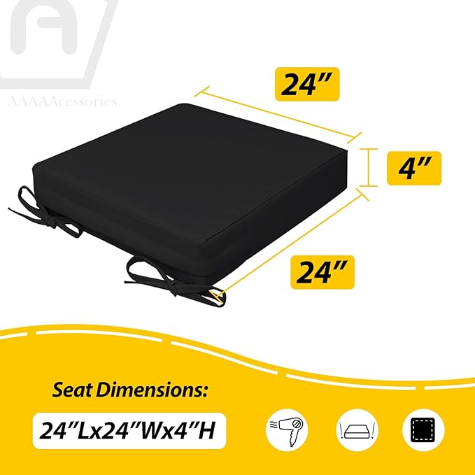 AAAAAcessories Outdoor Seat Cushions for Chairs, Waterproof, Fade-Resistant, 24" x 24" x 4", Patio Furniture Replacement Cushions, Set of 2, Charcoal Black