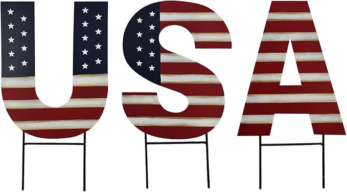 4th of July Metal USA Letter Decorative Garden Stakes Fourth of July Independence Day Decor, Patriotic US Flag Pattern Yard Sign for Outdoor Garden Memorial Veteran's Day Decorations