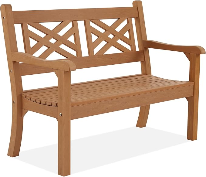 Psilvam 49''W All-Weather Poly Lumber Outdoor Bench – 2- Person Garden Bench with Decorative Backrest & Curved Armrests, Anti-Fade Patio Bench for Porch, Backyard, and Park(Teak Color)