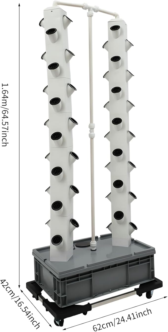 56-Plant Hydroponic Tower Growing System Indoor Outdoor, Garden Vertical Planter Germination Kit with Pump & Wheels, Hydroponics Growing Tower, Smart Vertical Hydroponic Garden Towers, Grey Base