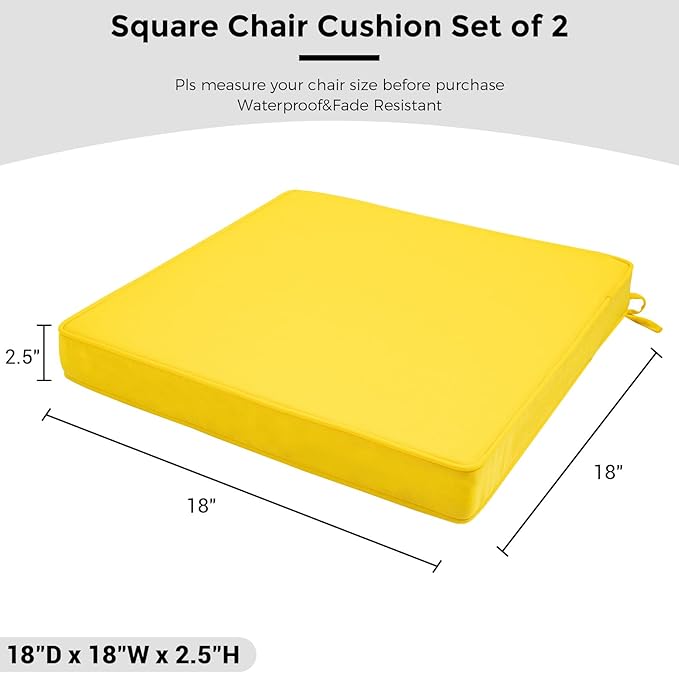 FUNHOME Outdoor Chair Cushions 18x18 Inch,Set of 2,Water Resistant Chair Pads with Ties,Square Seat Cushion 18"x18"x2.5",Patio Chair Cushion for Garden,Backyard Furniture(Yellow)