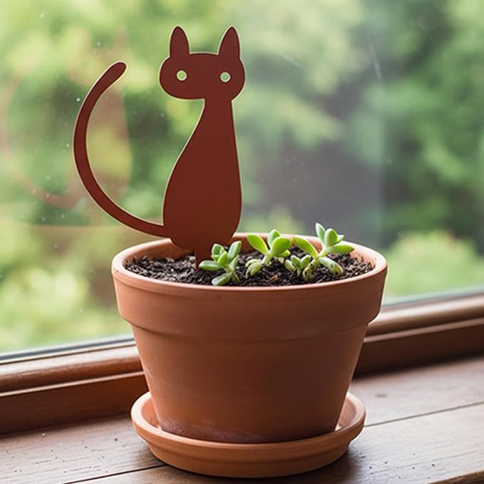 Elegant Cat Metal Garden Stake – Powder-Coated Steel Plant Pick for Pots & Planters, Rustic Indoor/Outdoor Decorative Accent