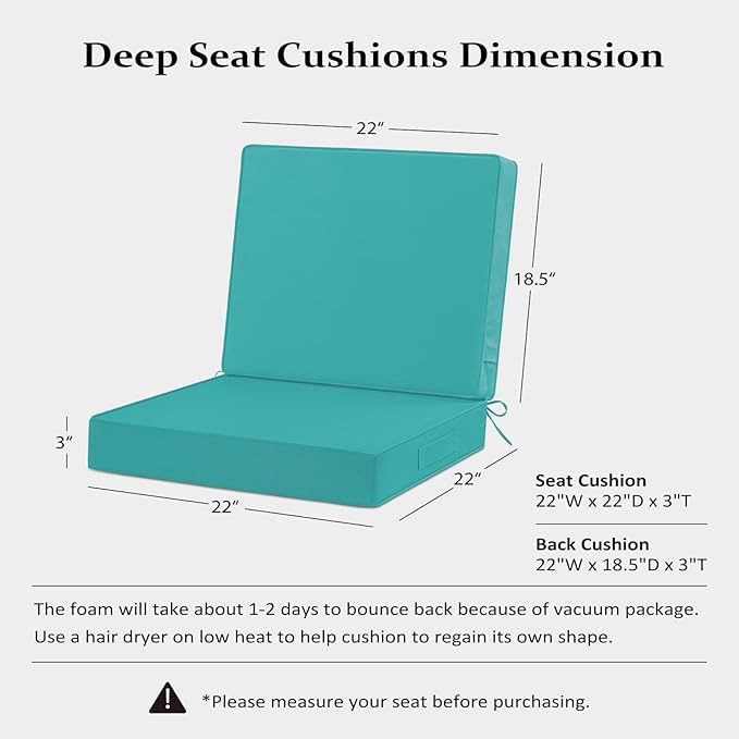 Cozyide 22x22 Outdoor Cushions for Patio Furniture, Waterproof Outdoor Chair Cushions with Non-Slip Ties and Handle, Washable Deep Seat Cushions for Outdoor Furniture with Removable Cover, Teal