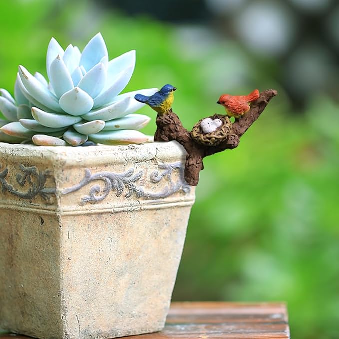 Birds Perched on Branches Flower Pot Hugger Figurines Mini Resin Birds Fish Tank Hanging Decoration Aquarium Ornament for Bonsai Planter Terrarium Garden Decor (Bird)