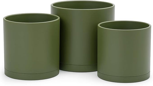 D'vine Dev 6 Inch 6.5 Inch 8 Inch, Set of 3 Plastic Planter Pots for Plants with Drainage Hole and Seamless Saucers, Olive, Medium, 74-V-I-3