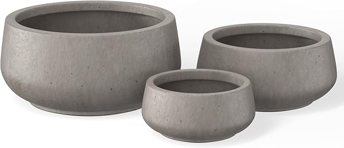 Kante 21.6",16.9",and 12.5" Dia Round Bonsai Planters (Set of 3), Outdoor Indoor Garden Plant Pot with Drainage Hole for Home, Patio, Garden, Weathered Concrete