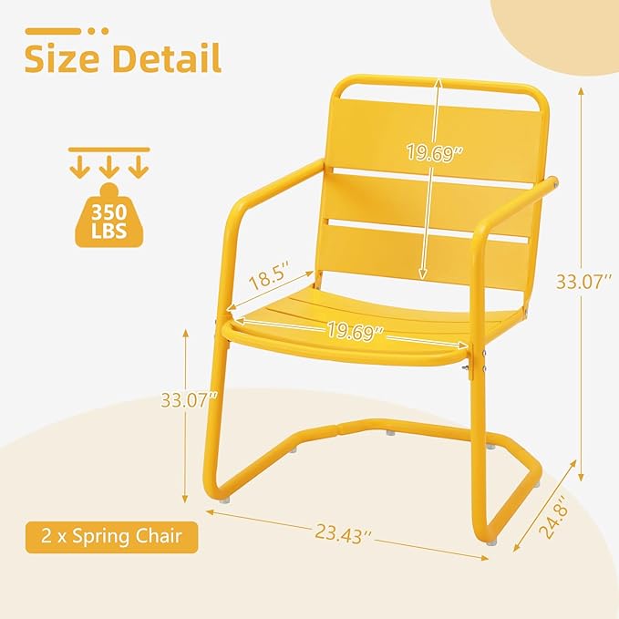 MELLCOM Patio Chairs Set of 2, Small Patio Furniture Set - 2 C-Spring Metal Chairs, Outdoor Bistro Set for Balcony, Front Porch, Poolside, Garden, Deck, Yellow