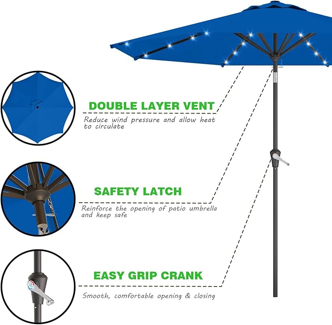 AreShark 9FT Solar Umbrella 32 LED Lighted Patio Umbrella Table Market Umbrella w/Tilt and Crank Outdoor Umbrellas for Garden, Deck, Backyard, Pool and Beach, Deep Blue