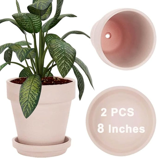 vensovo 8 Inch Pink Clay Pot for with Saucer - Large 2 Pcs Terra Cotta Plant Pot with Drainage Hole, Flower Pot with Tray, Terracotta Pot for Indoor Outdoor