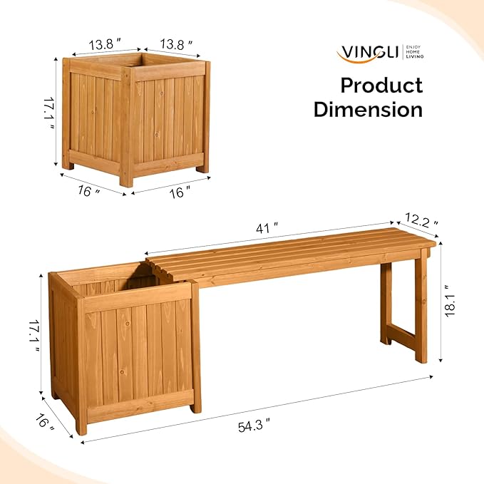 VINGLI Outdoor Wood Bench with Planter Boxes, 2-in-1 All-Weather Porch Bench Seat ＆ Open-Ended Wooden Raised Garden Bed, for Balcony Yard Patio (1 Box + Rectangle)