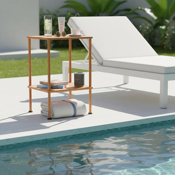 Bamboo Adirondack Square Outdoor Side Table, Bamboo 2-Tier Storage Patio Side Table, 16" Outdoor End Tables, Weather Resistant End Table for Backyard Pool Porch Patio Garden Lawn Beach - Brown