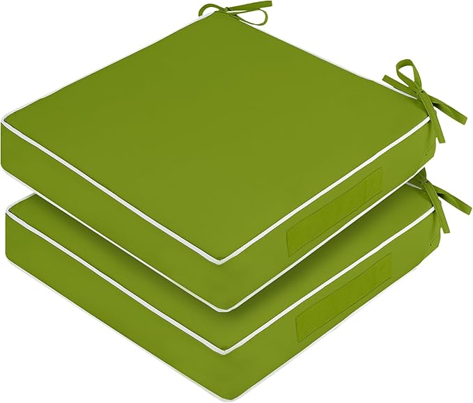 Waterproof Outdoor Chair Cushions Set of 2, Square Outdoor Seat Cushions with Ties and Removable Covers, 19 x 19 Outdoor Cushions for Patio Furniture with Portable Handle(Grass Green/White)