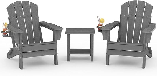 Folding Adirondack Chair Set of 2 with Side Table, All-Weather HDPE Outdoor Chair, Wooden Textured with Cup Holder for patios, Decks, Gardens, fire pits, Grey