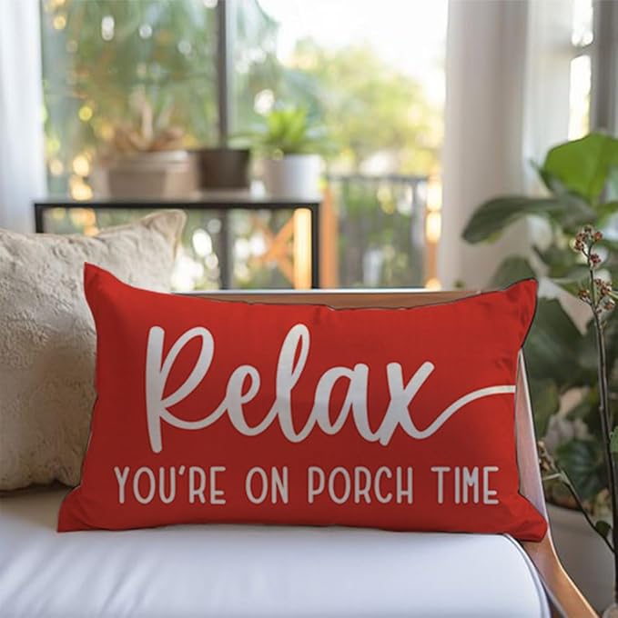 PANDICORN Decorative Throw Pillow Covers 12x20 Inch Relax Porch Time Red Outdoor Farmhouse Christmas Porch Decorations Lumbar Decorative Throw Pillows Cases for Front Porch Patio Couch Bench Decor