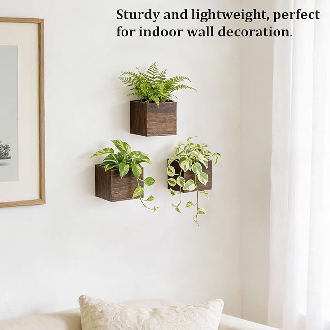 Dahey Small 4 Inch Wood Wall Hanging Planter Boxes for Indoor Plants 3 Pack Square Rustic Farmhouse Wall Mounted Flower Pot Vases with Plastic Liner for Flower Greenery Garden Home Centerpiece Decor
