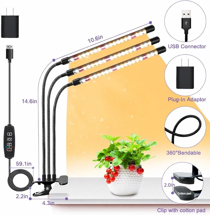 3head Plant Lights, 2Pack Grow Lights for Seed Starting, Full Spectrum Growing Lamps with Clip for Indoor Plants, Auto ON & Off Timer 3/9/12H, 3 Switch Modes, 10-Level Dimmable Brightness