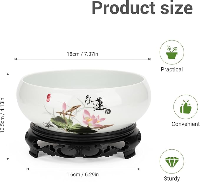 Lotus Bowl Planter - Ceramic Pots for Plants with Stand for Hydroponic Water Lilies & Bonsai Trees, Bonsai Pots Indoor/Outdoor Décor - Zen Garden & Home Art Display (White, Medium)