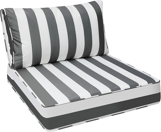 AAAAAcessories Outdoor Seat Cushions for Chairs, Fade-Resistant, Waterproof Patio Furniture Replacement Cushions, 24" x 24" x 5" + 24" x 13.5", Gray Cabana Stripe