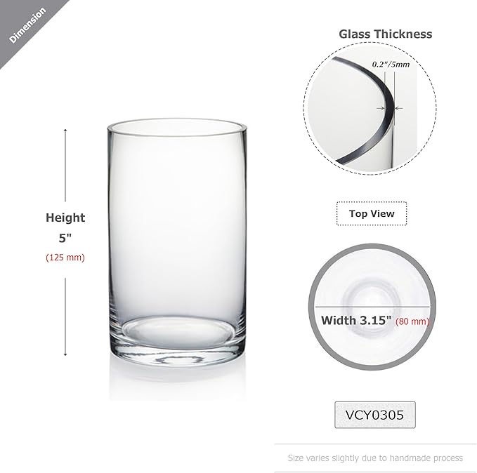 WGVI Quality Thick Clear Cylinder Glass Vase, 3" W x 5" H, Floral Container, Glass Candle Holder, Flower Vases, Wedding Centerpiece, Table Top Home Décor Accent, in Bulk Wholesale, 12 Pieces