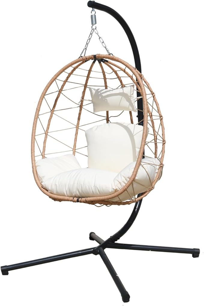 Hanging Egg Chair with Stand Indoor Swinging Chair Outdoor Hammock Egg Chair for Patio, Bedroom, Garden and Balcony (Milky White, Small)