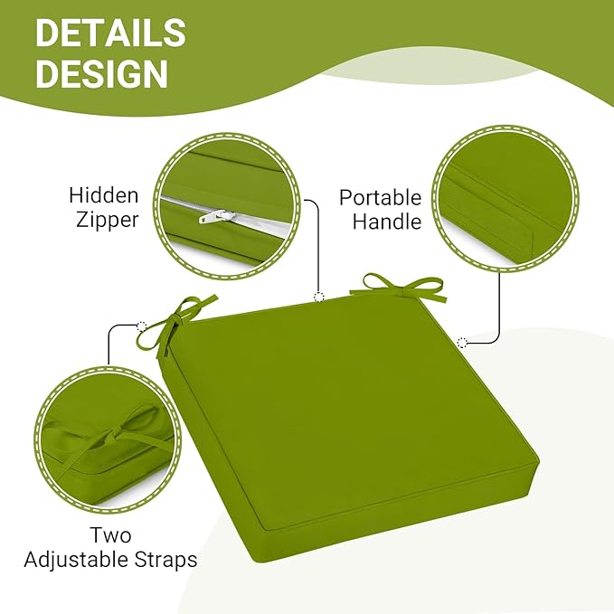 downluxe Waterproof Outdoor Chair Cushions Set of 4, 19" x 19" x 3" Patio Chair Cushion with Non-Slip Ties & Handle, Square Outdoor Cushion for Patio Furniture with Removable Cover, Grass Green