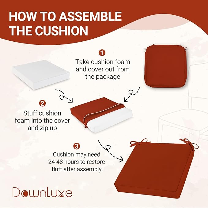 downluxe Waterproof Outdoor Chair Cushions Set of 4, 19" x 19" x 3" Patio Chair Cushion with Non-Slip Ties & Handle, Square Outdoor Cushion for Patio Furniture with Removable Cover, Orange