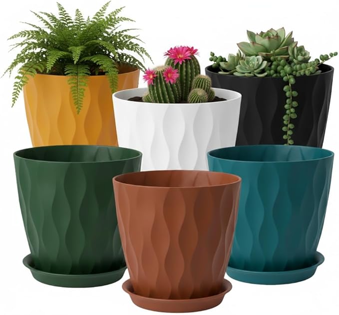 Plant Pots 8 Inch, 6 Pack Plastic Flower Pots for Indoor & Outdoor Plants, Planters with Drainage Holes and Saucer, Garden Pot for Plants (Multicolor)