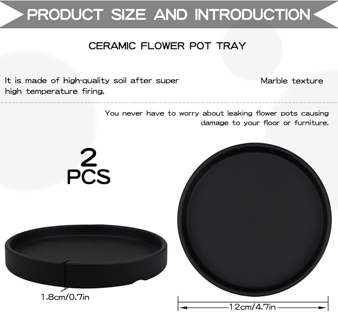 Round 4 Inch Ceramic Plant Saucer Drip Tray Set of 2 for Indoor Small Flower Pots Home Garden Outdoor Flower Plant Pot,Black Saucers