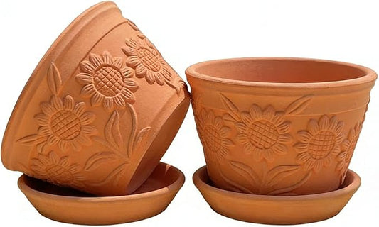 2 Pack Terracotta Plant Pots with Saucers, Boho Clay Flower Pots with Drainage, Lightweight Breathable Shallow Planters for Succulents, Cactus, Herbs & Indoor Outdoor Plants, Sunflower Embossed Design