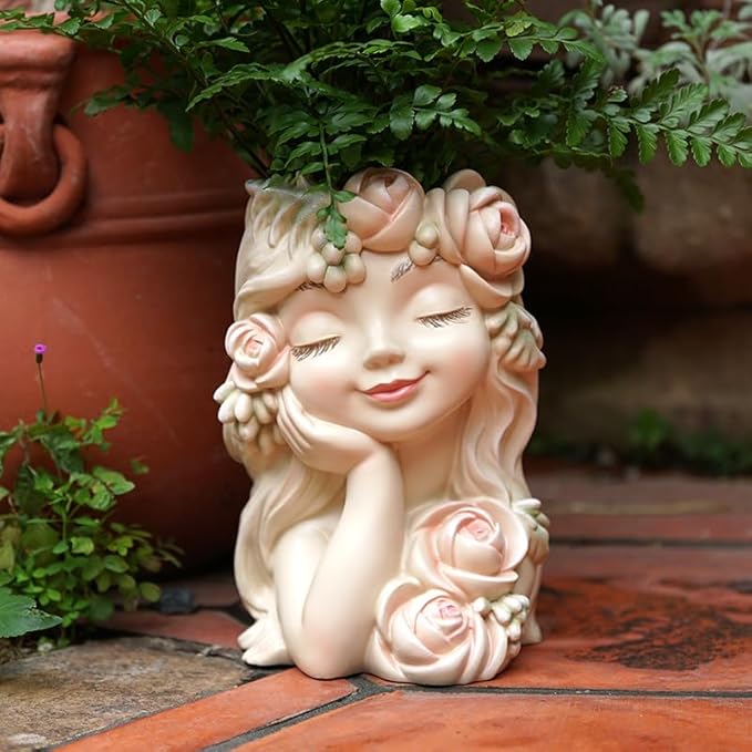 Decorative Garden Fairy Head Planter, Resin Flower Pot Sculpture, Pearl White with Rose Details