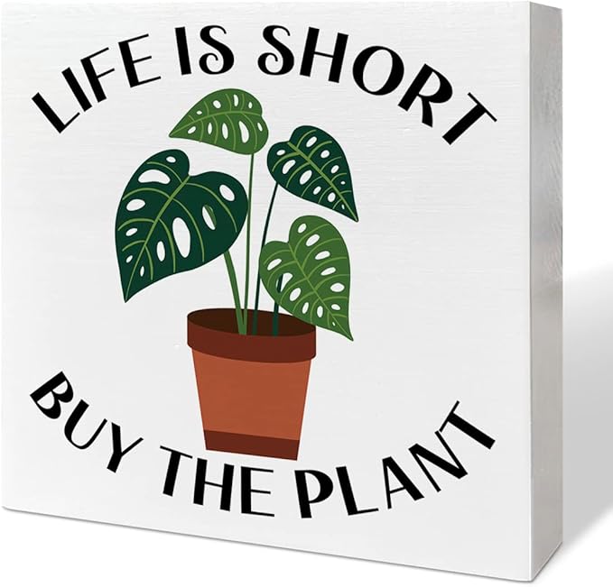 Plant Lover Desk Wooden Box Sign Decor, Life Is Short Buy, Plant Garden Decor Home Office Desk Decoration Gardening Gardener Planter Gifts for Women Men Mom Teens Kids