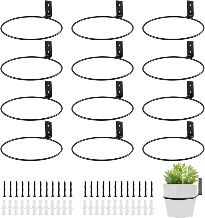12-Pack 8 Inch Flower Pot Holder Ring Hanging Plant Holder Wall Mount Metal Plant Hangers Indoor Outdoor Planter Hooks Brackets for Patio, Garden, Home, Matte Black