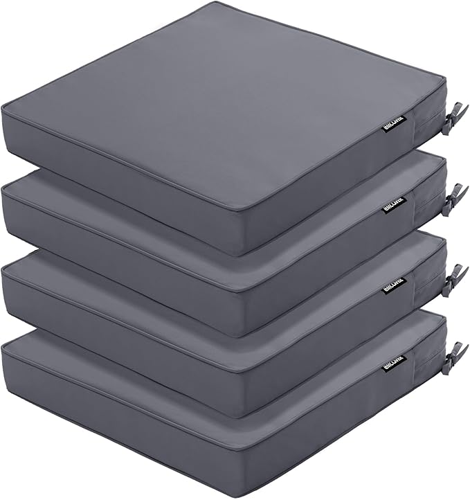 Outdoor Chair Cushions 16 x 17 Inch, Set of 4, Water Resistant Patio Chair Cushions with Tie 3 Year Color Fastness Thick Outdoor Seat Cushion for Garden Lawn Patio Furniture Dark Grey