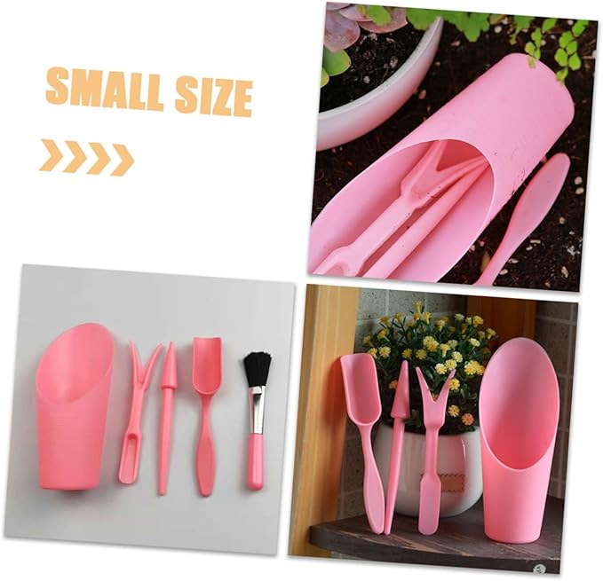 Succulent Planting Gardening Hand Tool Set with Transplanting Spade, Soil Scoop, Cleaning Brush, and Cultivator for Bonsai and Flowerpot Care, Pink Gardening Accessories Kit