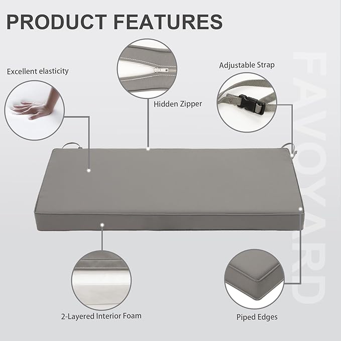 Favoyard Outdoor Bench Cushion 42 x 18 Inch Waterproof Patio Furniture Cushions 3-Year Color Fastness Garden Sofa Settee Couch Swing Pads with Handle and Adjustable Straps, Light Gray