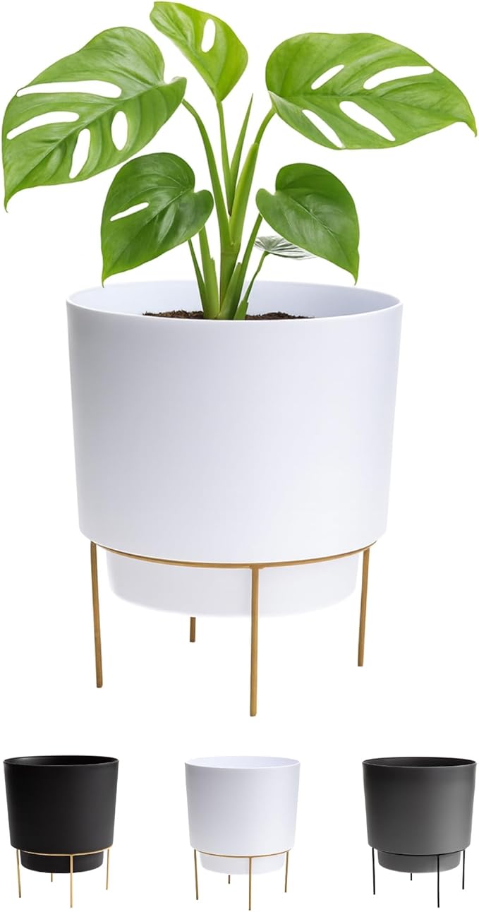Bloem Hopson 14" Round Casper White Plastic Resin Planter with Drainage Holes and Gold Metal Stand, Made in USA