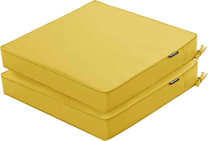 Outdoor Chair Cushions 16 x 17 Inch Water Resistant Patio Chair Cushions with Tie Color Fastness Thick Outdoor Seat Cushion for Garden Lawn Patio Furniture Yellow Set of 2