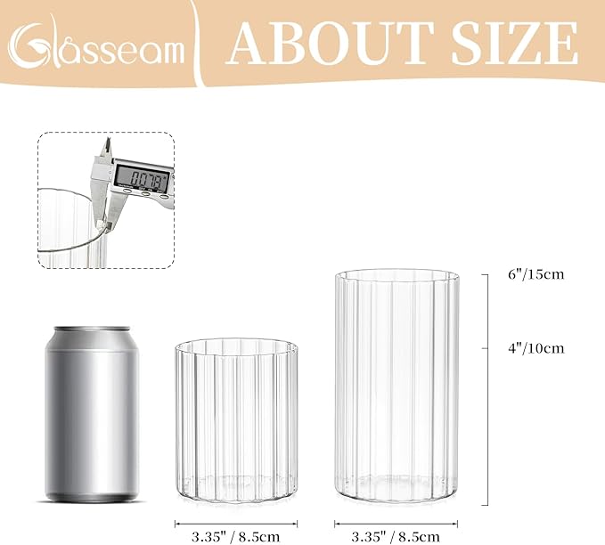 Glasseam Glass Pillar Candle Holder: Set of 12 Hurricane Candle Holders for Floating Candles Decorative Ribbed Vase for Flowers Cylinder Vases for Centerpieces Wedding Dining Table Thanksgiving 5.91’’
