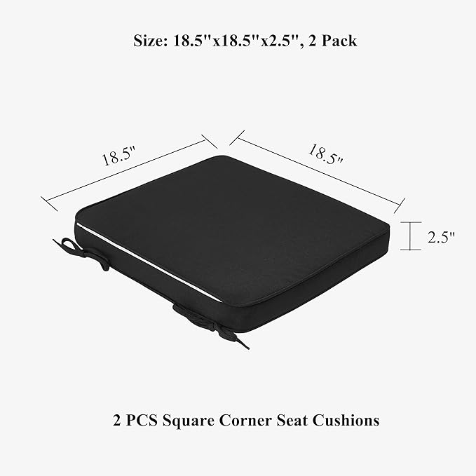 FUNHOME Indoor/Outdoor Chair Cushions Set of 2, 18 x 18 x 2.5 Inch Square Corner Outdoor Cushions for Patio Furniture,2 Packs Patio Chair Cushions with Ties-Black