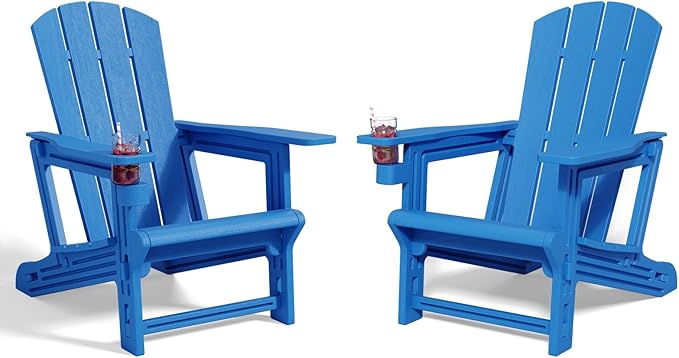 Adirondack Chair Set of 2, All Weather Plastic Adirondack Chairs, Fire Pit Chairs with Cup Holder, Outdoor Lawn Chair for Patio, Garden, Backyard, Klein Blue