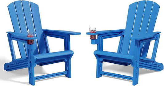 Adirondack Chair Set of 2, All Weather Plastic Adirondack Chairs, Fire Pit Chairs with Cup Holder, Outdoor Lawn Chair for Patio, Garden, Backyard, Klein Blue