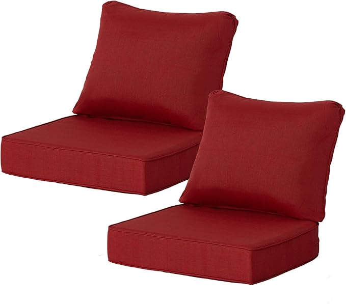 24x24 Inch Outdoor Deep Seat Cushions Set of 2,Thick High-Density Foam, Water-Resistant, Piped Edges & YKK Hidden Zipper for Patio Furniture,Chili