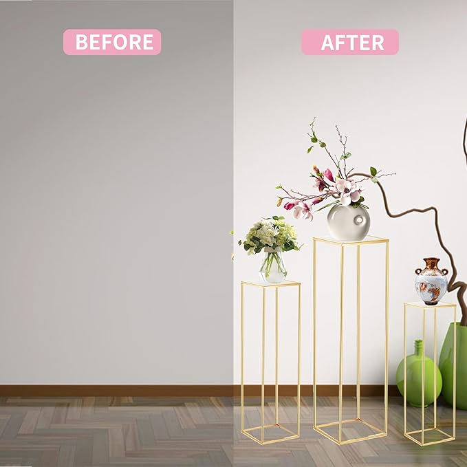 3PCS Cylinder Pedestal Stands for Parties, Square Gold Metal Plant Cylinder Stands for Party Flowers, Display Columns Pedestal Stand Cylinder Tables for Vases Birthday Party Decorations