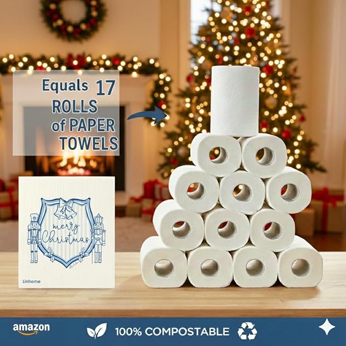 Christmas Holiday Swedish Dishcloth, Reusable Paper Towel, Super Absorbent Cellulose Sponge, Washable Kitchen Cleaning Cloth (Merry Nutcracker Duo - 1 Pack)
